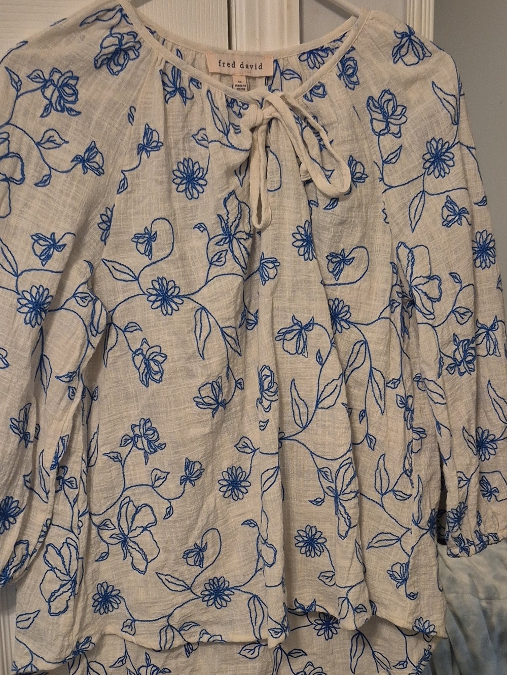 Fred David White Tunic Top with Blue Floral Embroidery